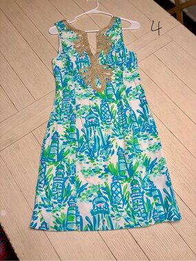 Lilly Pulitzer Blue, Green & Gold Sleeveless Shift Dress